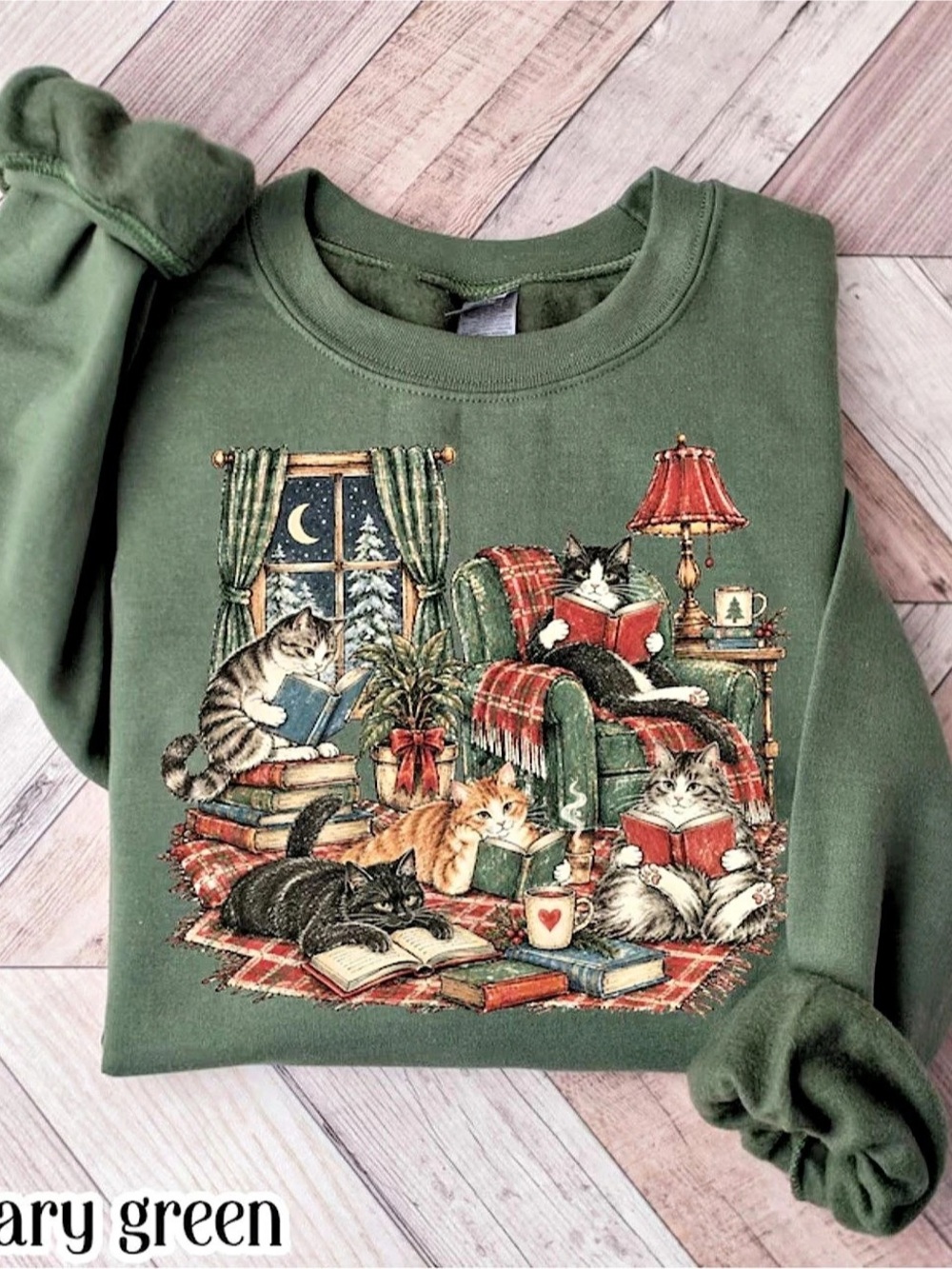Gildan Cat Graphic Green Sweatshirt Like New, Gift For Her, Him